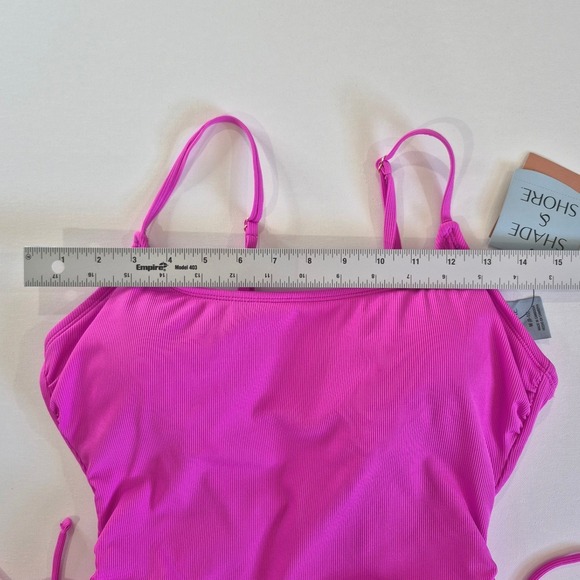 Shade & Shore Pink Ribbed One Piece Swimsuit Side Tie Adjustable Straps Medium - Picture 5 of 7